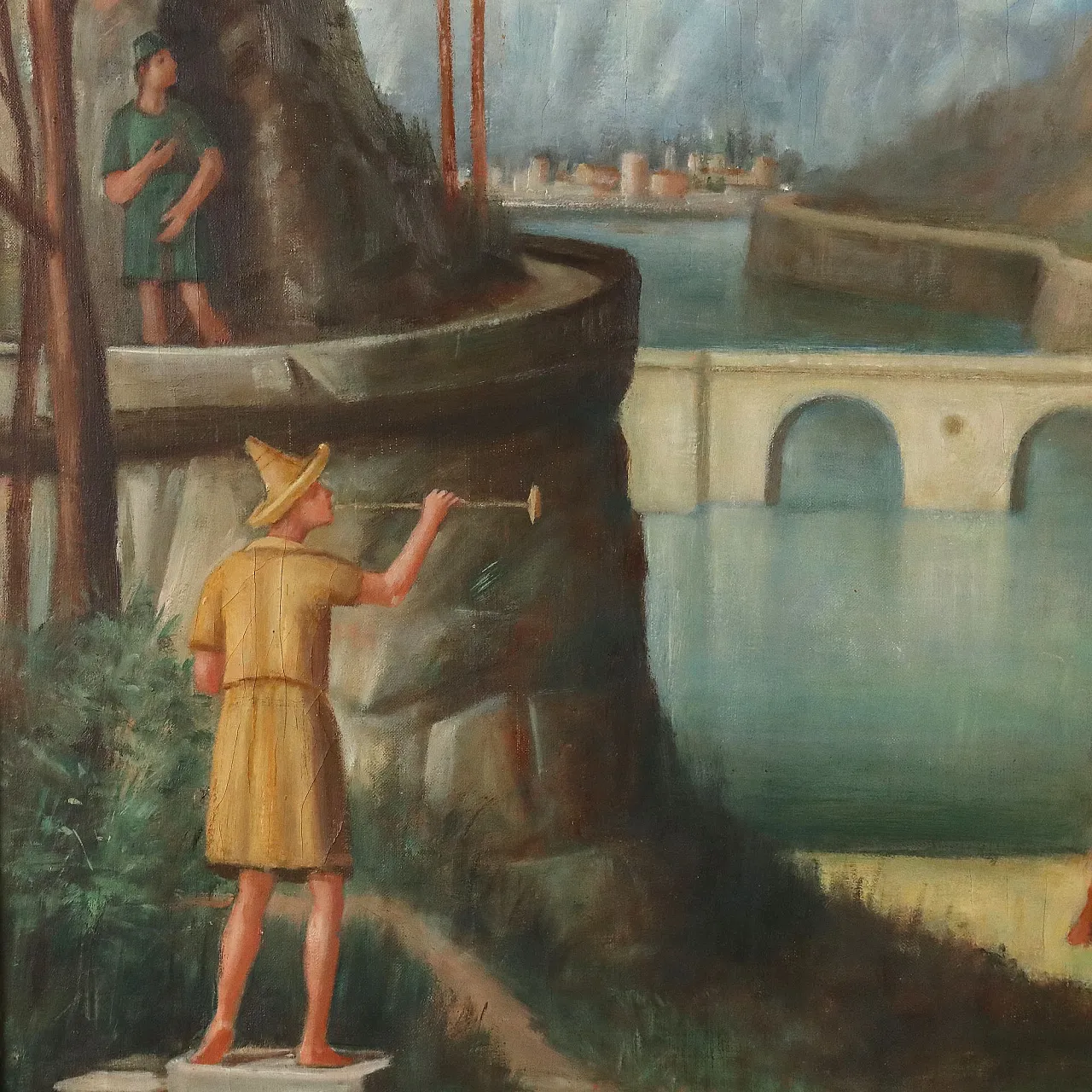 Idyllic Landscape with Figures, oil on canvas, mid-20th century 4