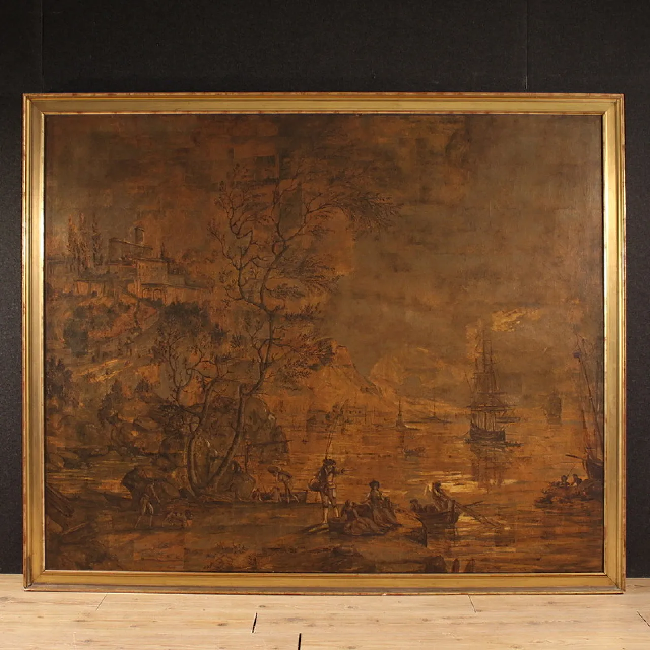 Grande quadro italiano del XVIII secolo, paesaggio con veduta di porto 1