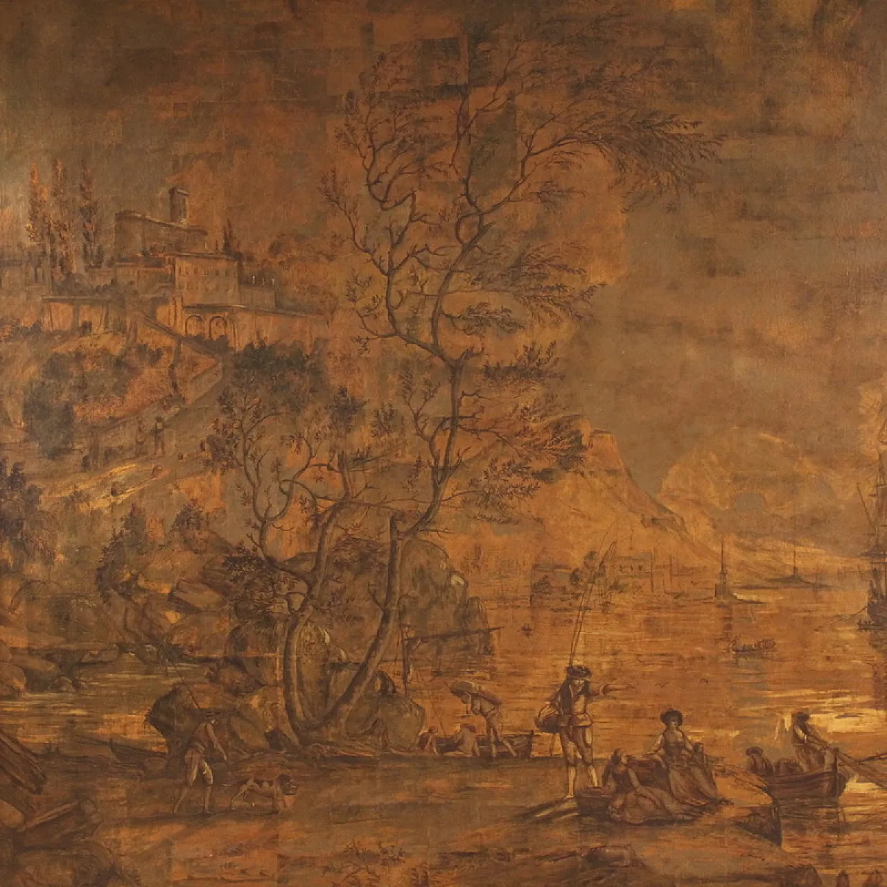 Grande quadro italiano del XVIII secolo, paesaggio con veduta di porto 4