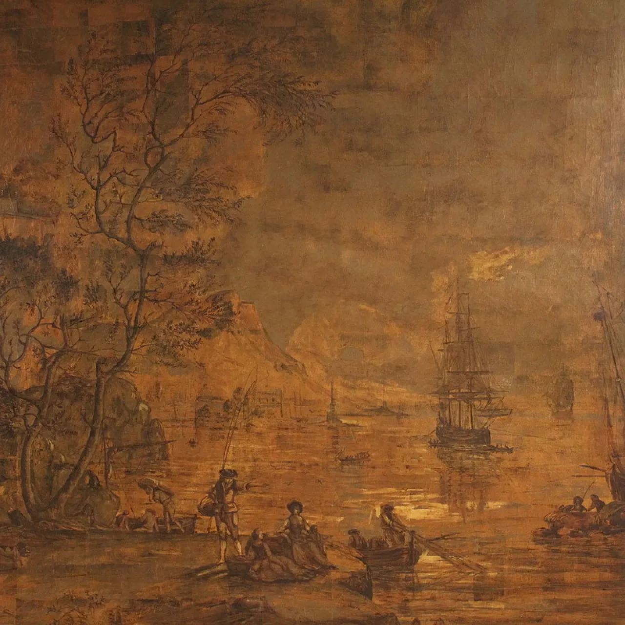 Grande quadro italiano del XVIII secolo, paesaggio con veduta di porto 5
