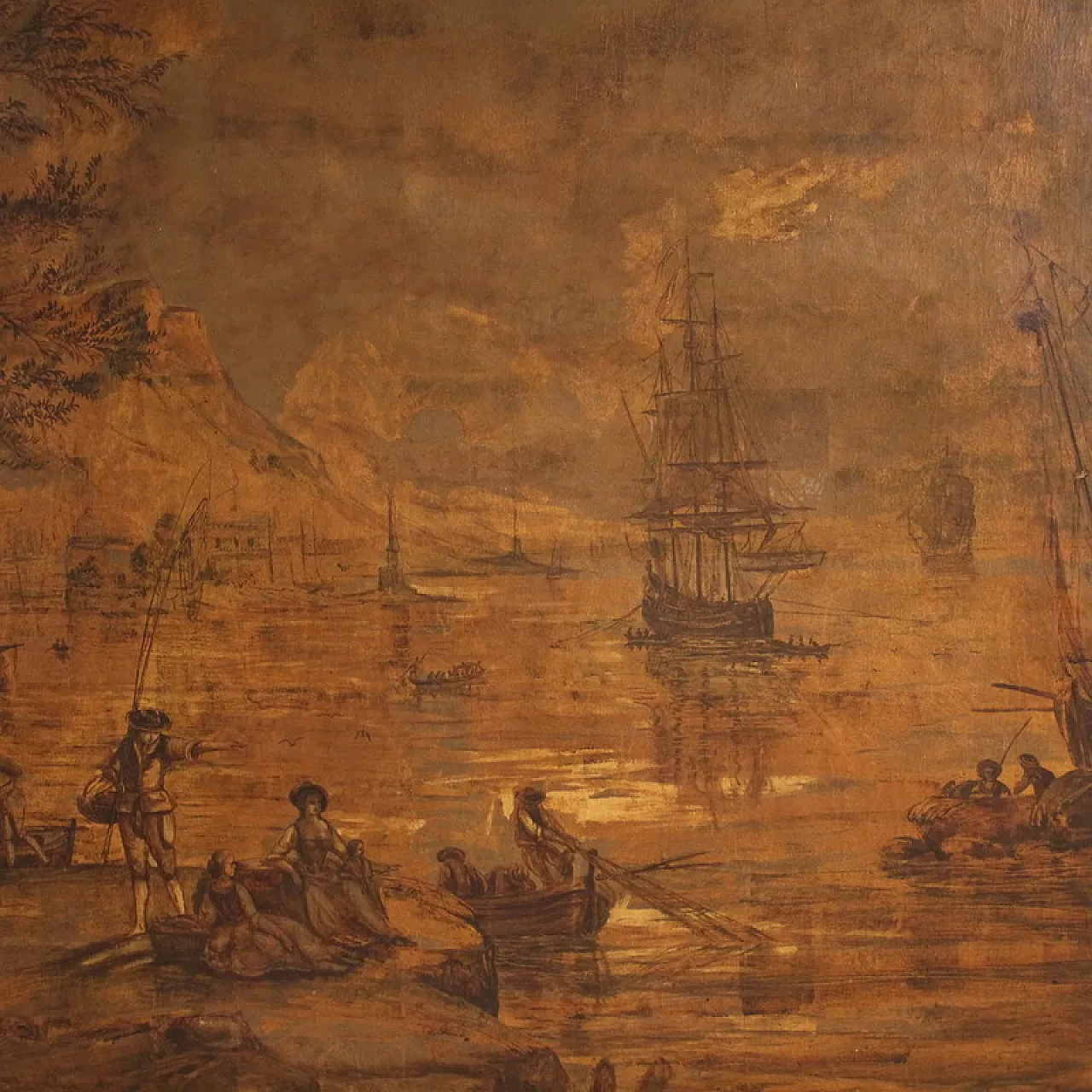 Grande quadro italiano del XVIII secolo, paesaggio con veduta di porto 6