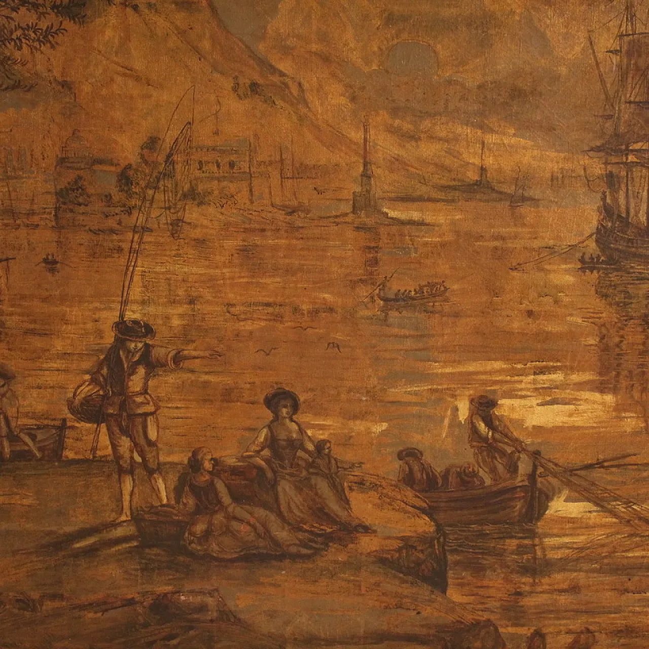 Grande quadro italiano del XVIII secolo, paesaggio con veduta di porto 7