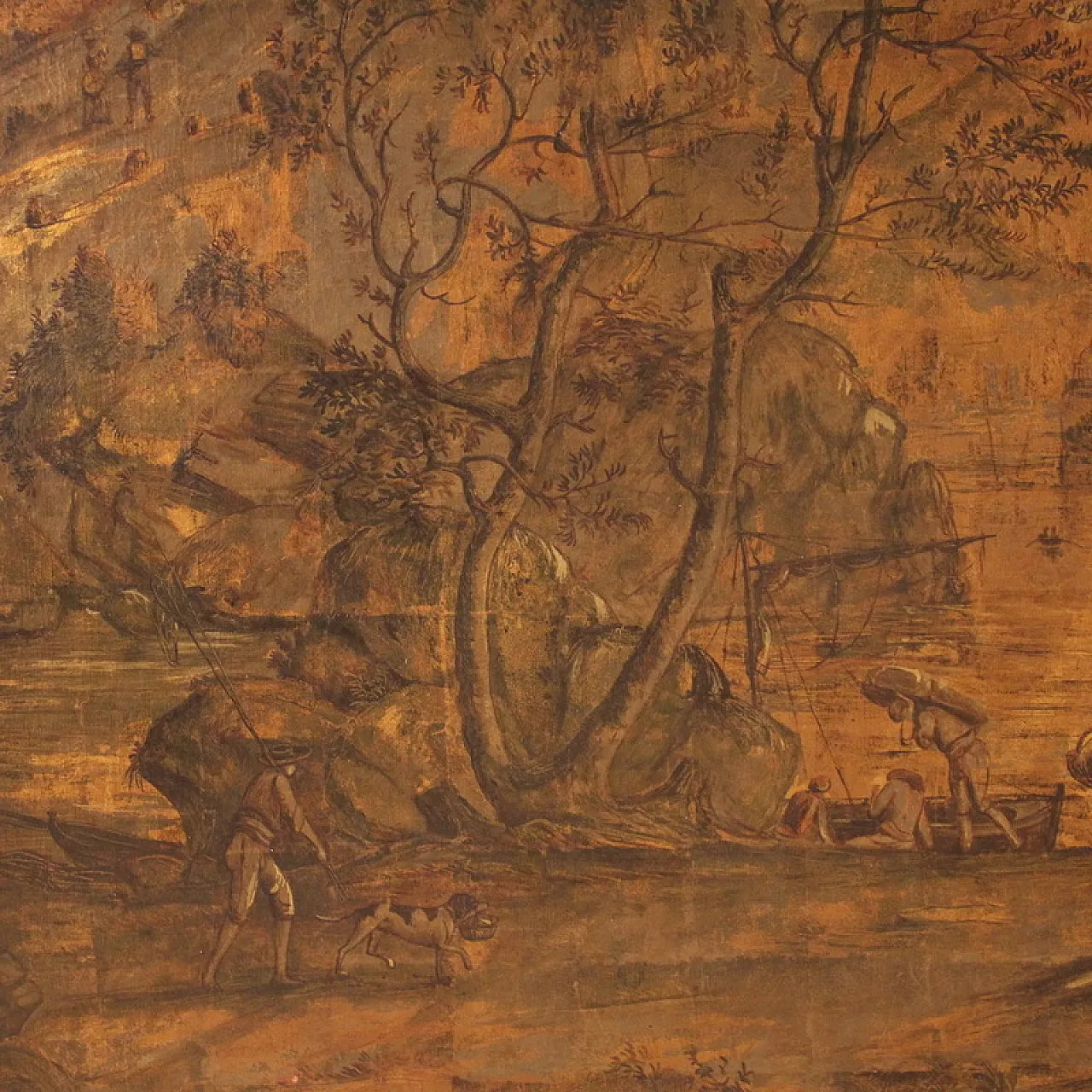 Grande quadro italiano del XVIII secolo, paesaggio con veduta di porto 8