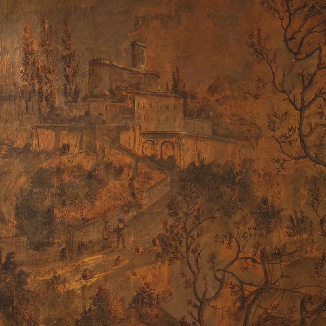 Grande quadro italiano del XVIII secolo, paesaggio con veduta di porto 9