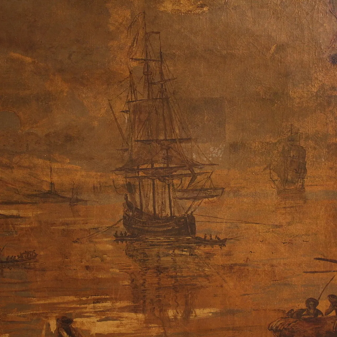 Grande quadro italiano del XVIII secolo, paesaggio con veduta di porto 10