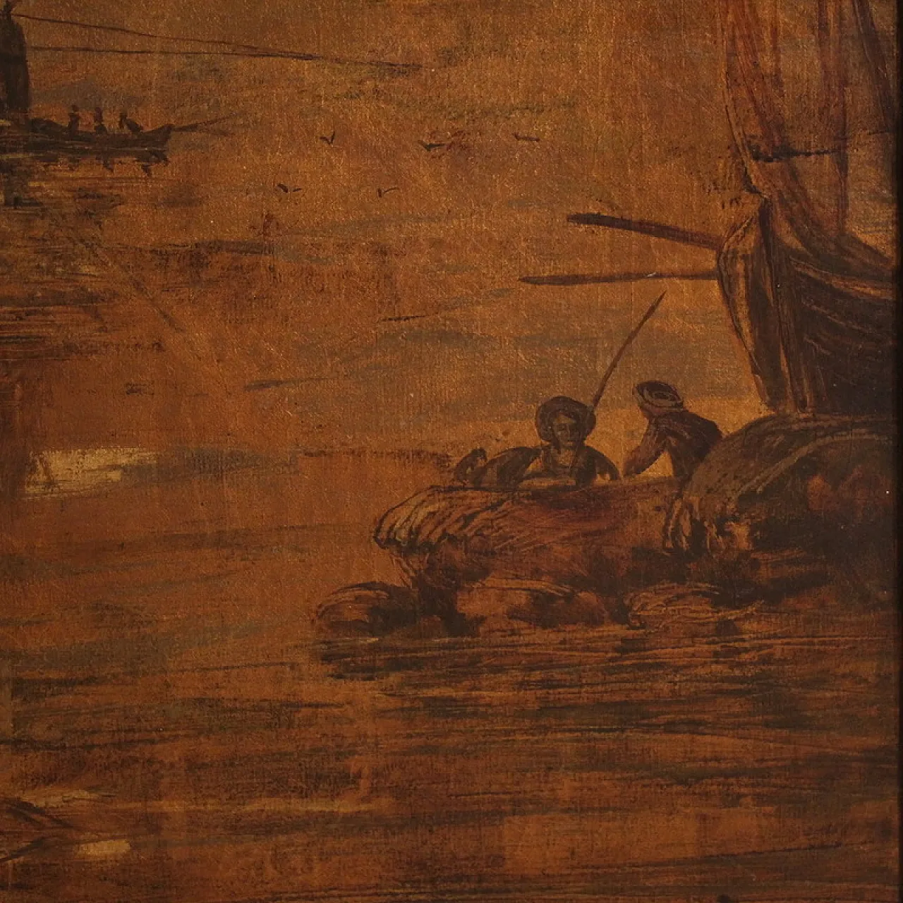 Grande quadro italiano del XVIII secolo, paesaggio con veduta di porto 11