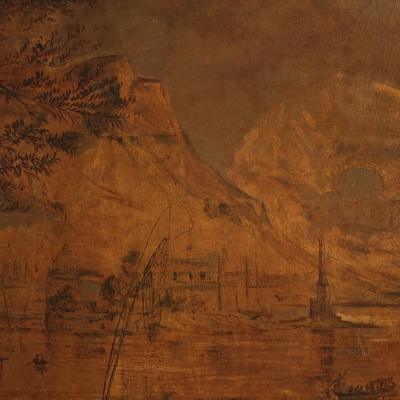 Grande quadro italiano del XVIII secolo, paesaggio con veduta di porto 12