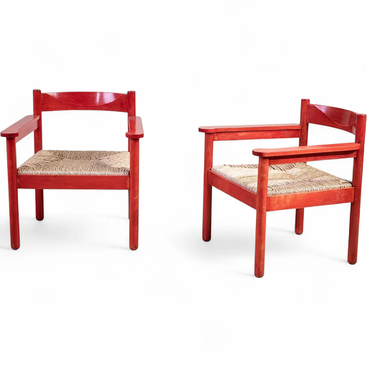 Pair of lacquered wood and straw armchairs, 1960s 9