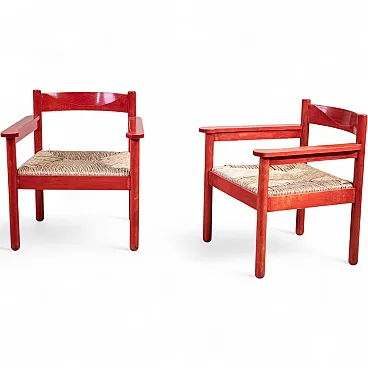 Pair of lacquered wood and straw armchairs, 1960s