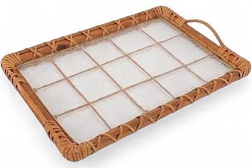Wicker and glass serving tray, 1970s