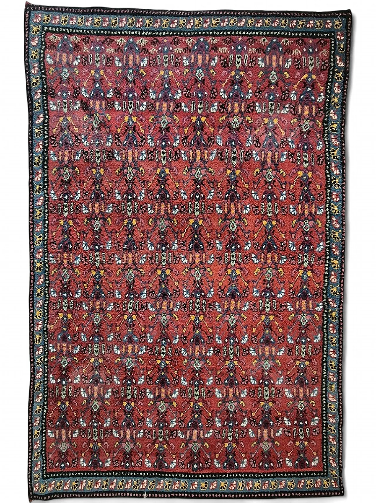 Middle Eastern hand-knotted wool rug with red floral, 1950s 8