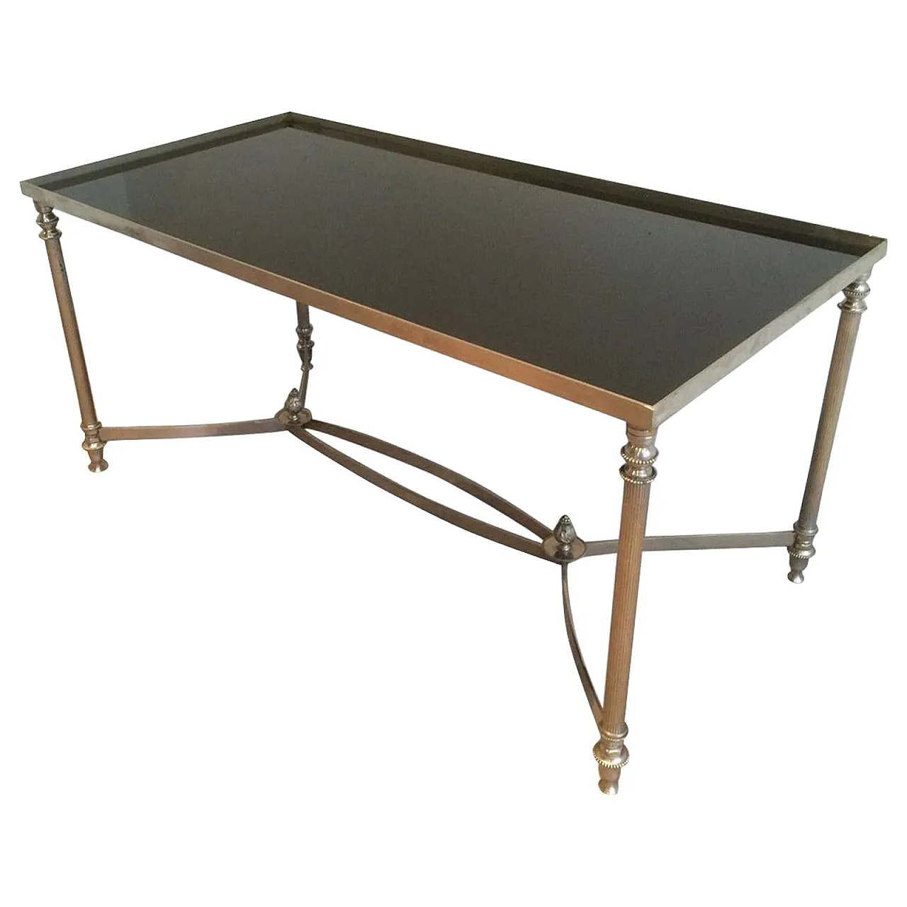 Tavolino argentato con piano in vetro laccato nero, stile Maison Jansen 1