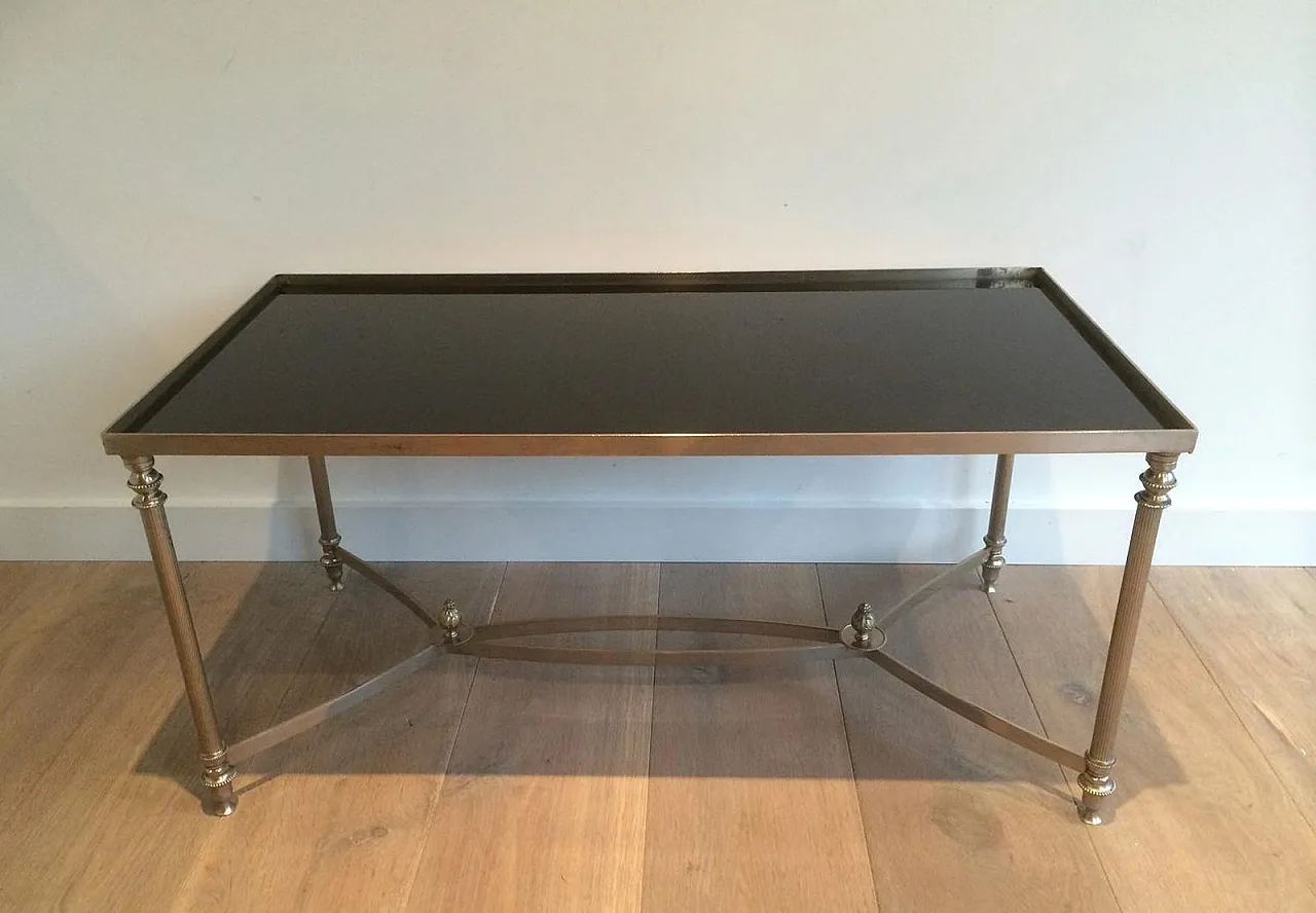 Tavolino argentato con piano in vetro laccato nero, stile Maison Jansen 10