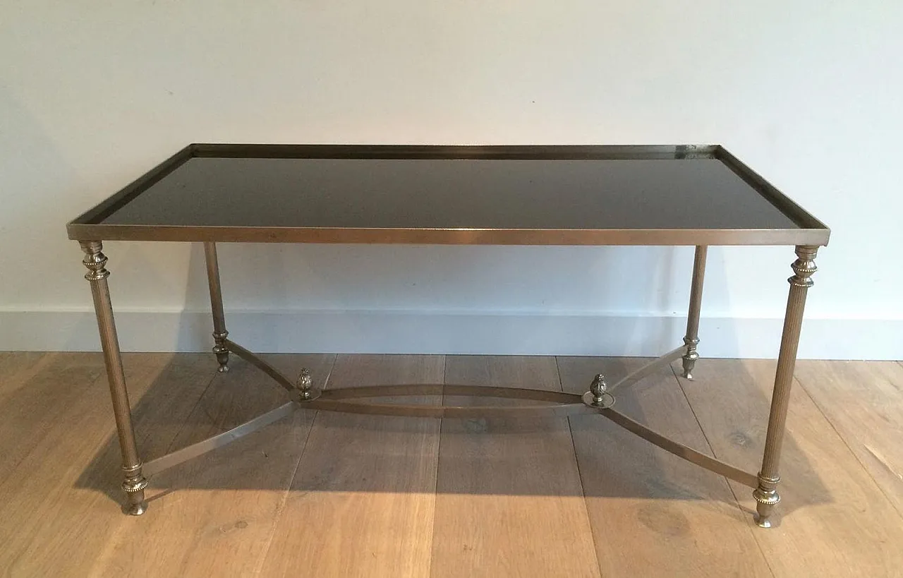 Tavolino argentato con piano in vetro laccato nero, stile Maison Jansen 13