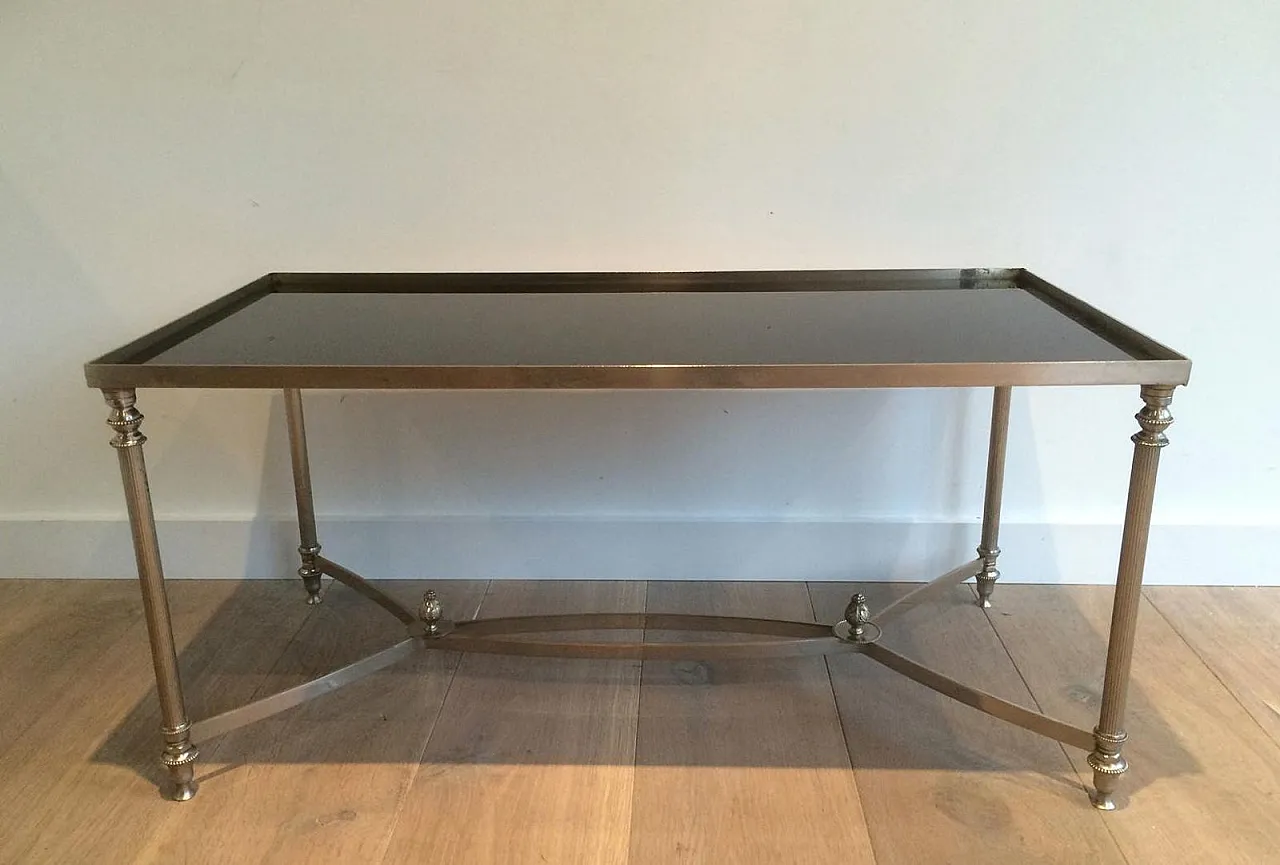 Tavolino argentato con piano in vetro laccato nero, stile Maison Jansen 15