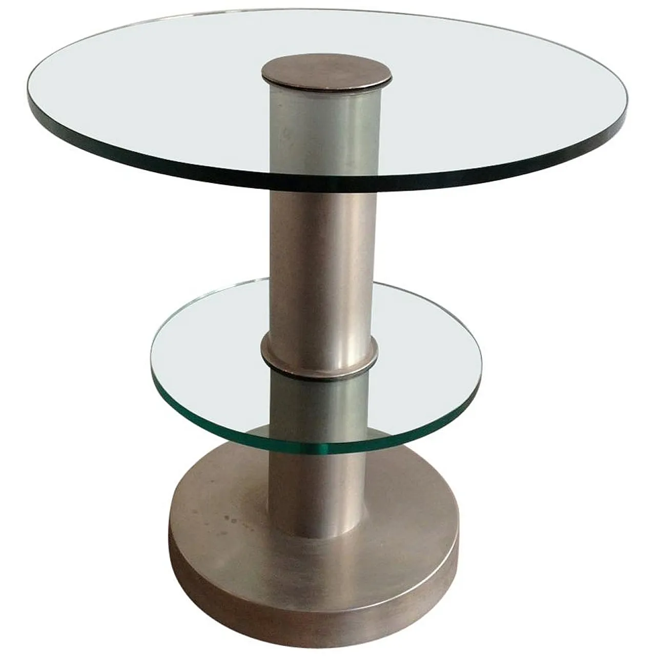Round brushed metal and glass side table, 60s 1