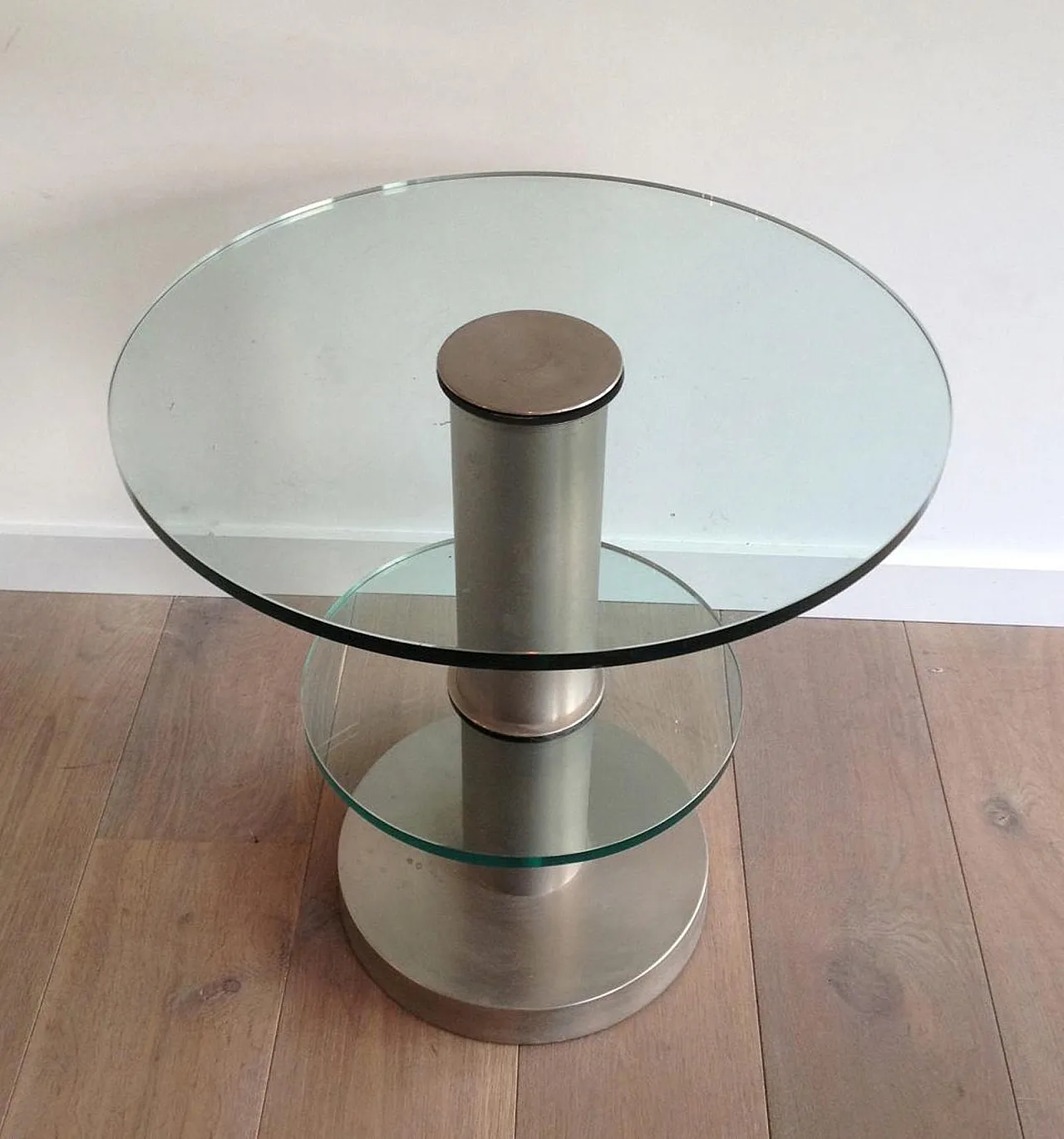 Round brushed metal and glass side table, 60s 2