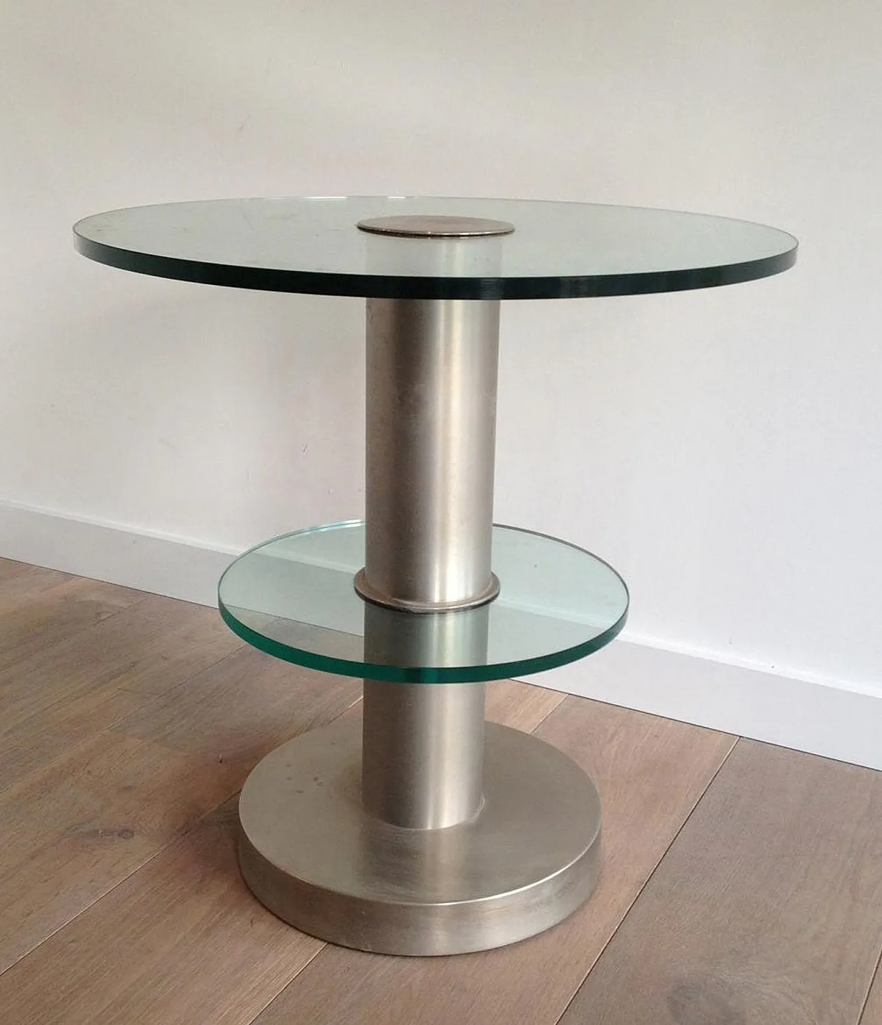Round brushed metal and glass side table, 60s 3