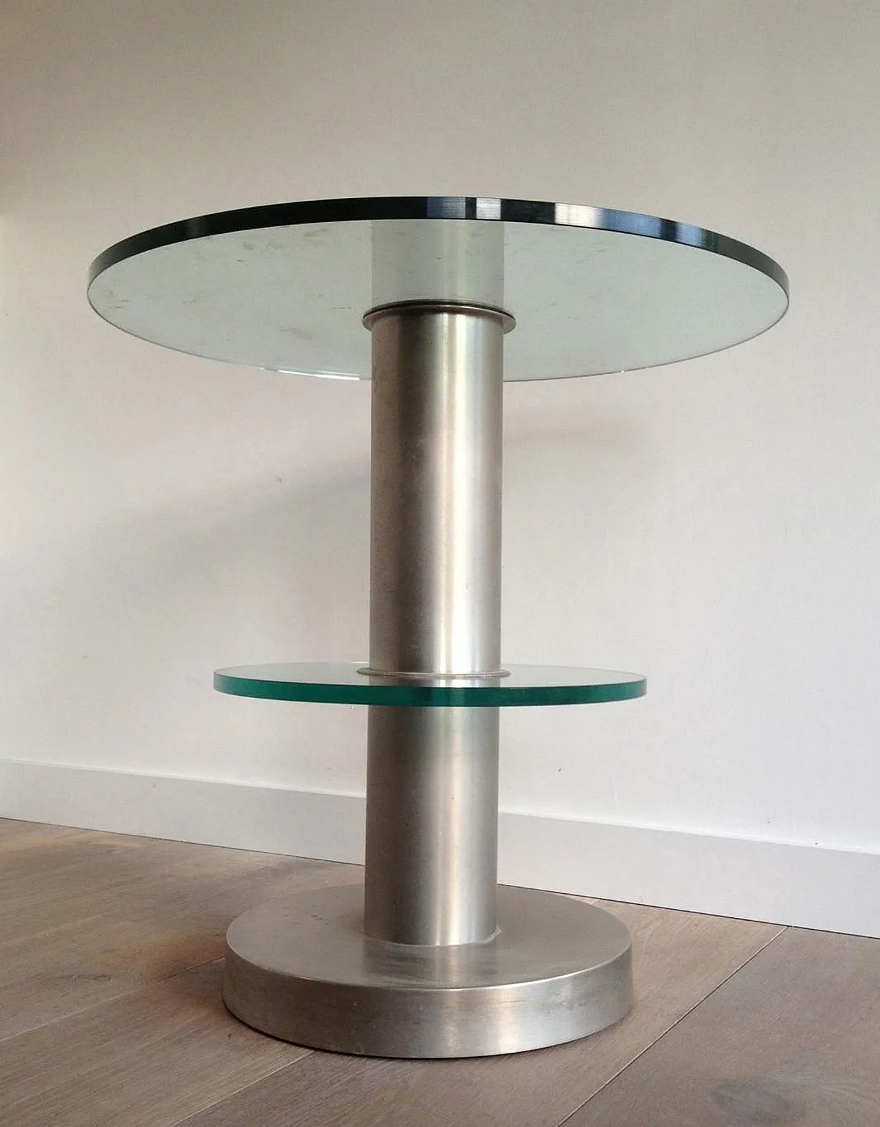 Round brushed metal and glass side table, 60s 4