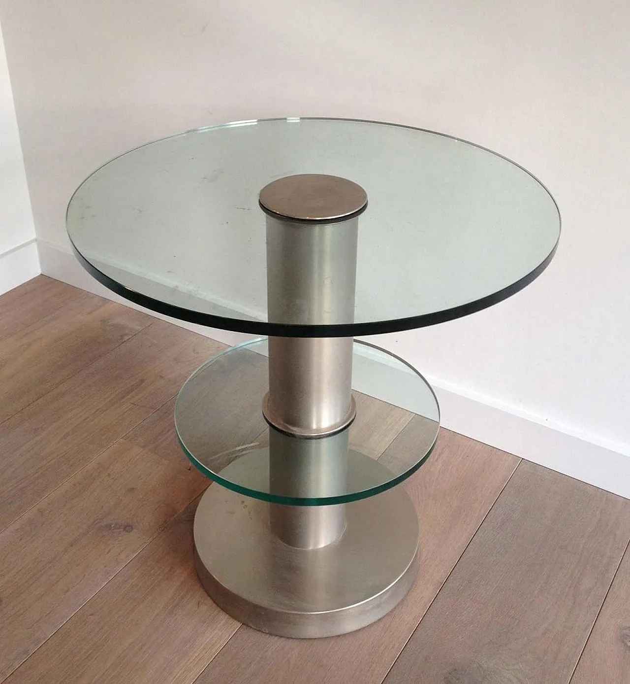 Round brushed metal and glass side table, 60s 5