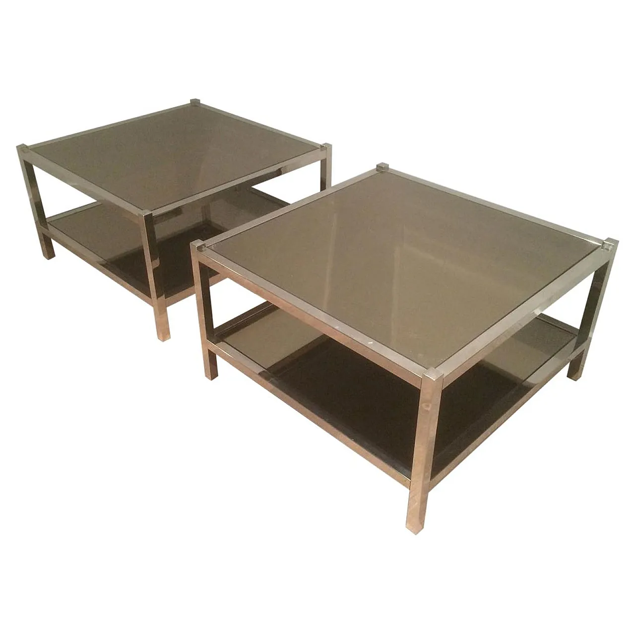 Pair of large chrome and bronze mirror side tables, 70s 1