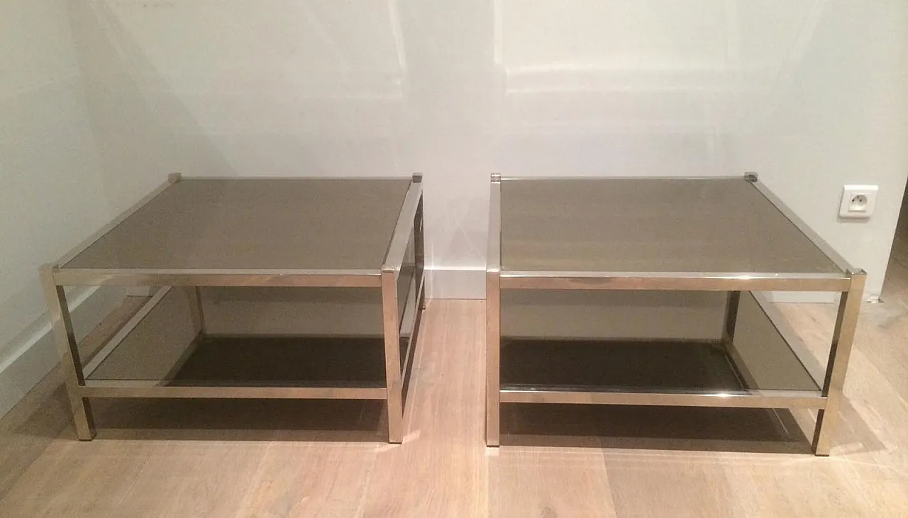 Pair of large chrome and bronze mirror side tables, 70s 2