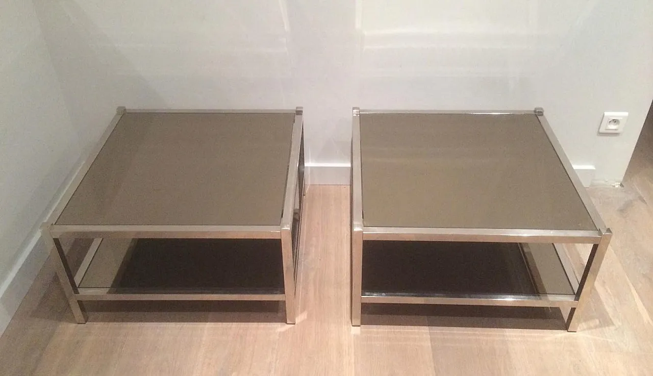 Pair of large chrome and bronze mirror side tables, 70s 3