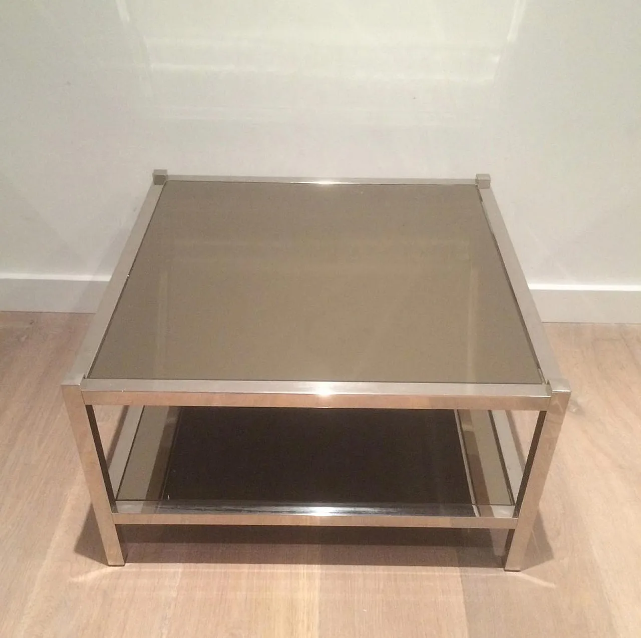 Pair of large chrome and bronze mirror side tables, 70s 4