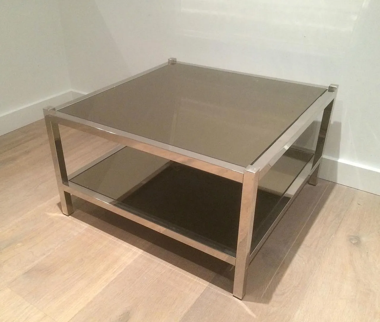 Pair of large chrome and bronze mirror side tables, 70s 5