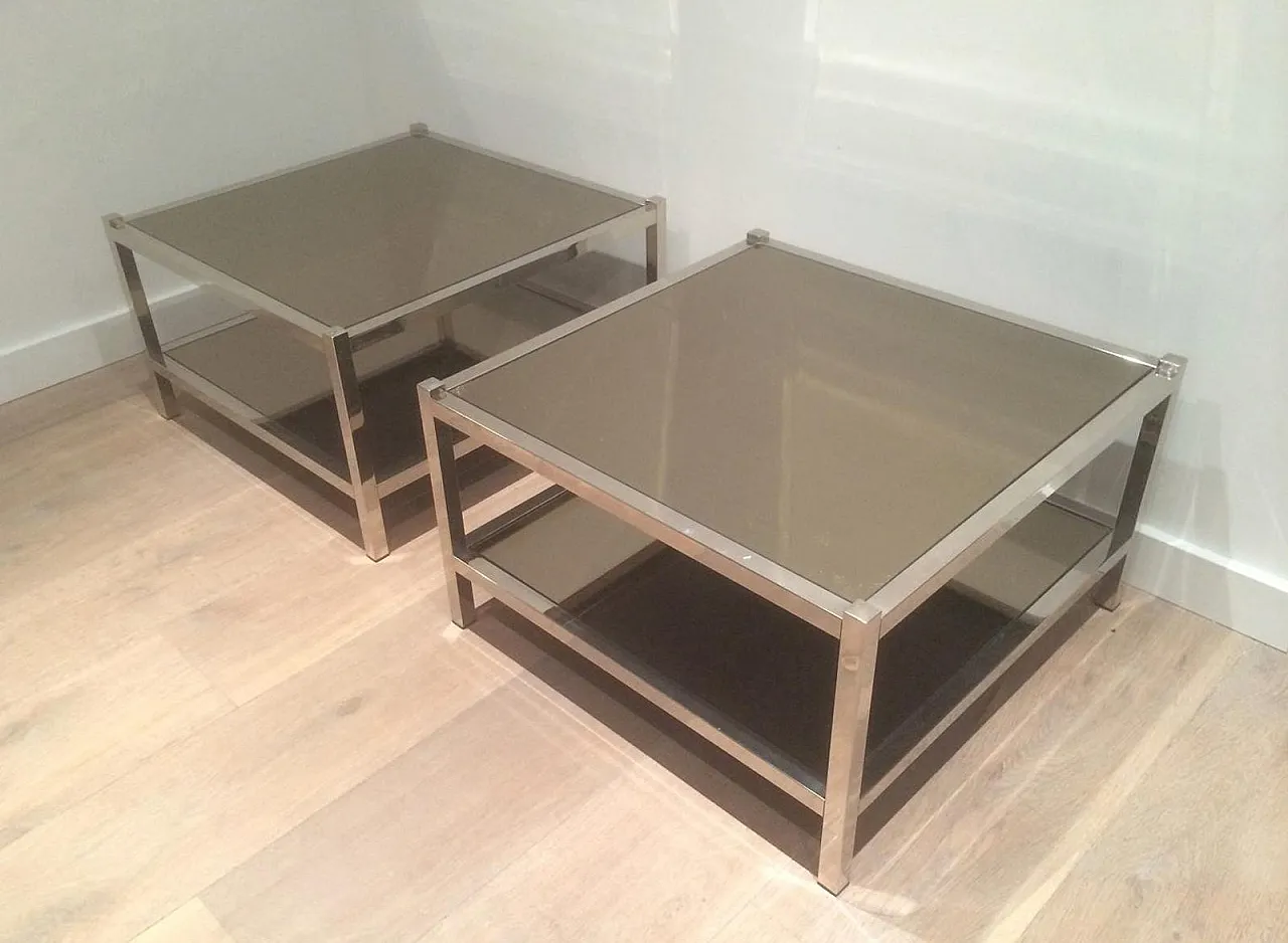 Pair of large chrome and bronze mirror side tables, 70s 10