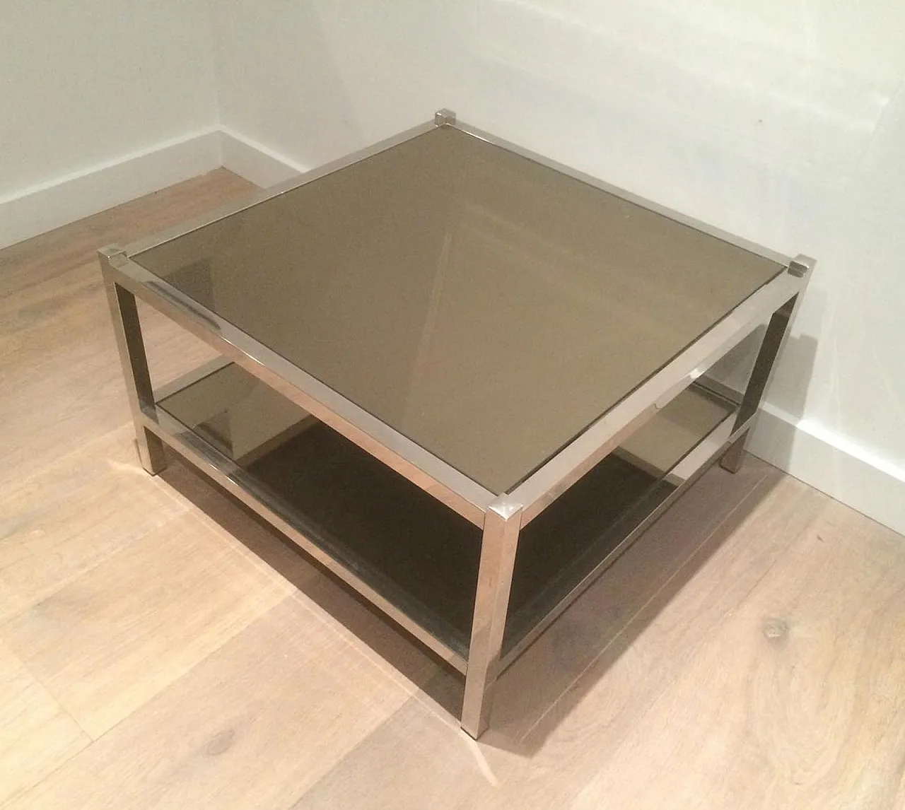 Pair of large chrome and bronze mirror side tables, 70s 11