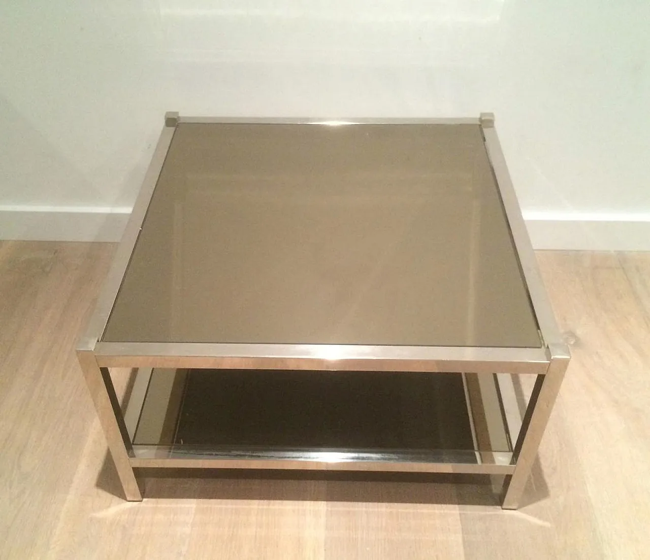 Pair of large chrome and bronze mirror side tables, 70s 12