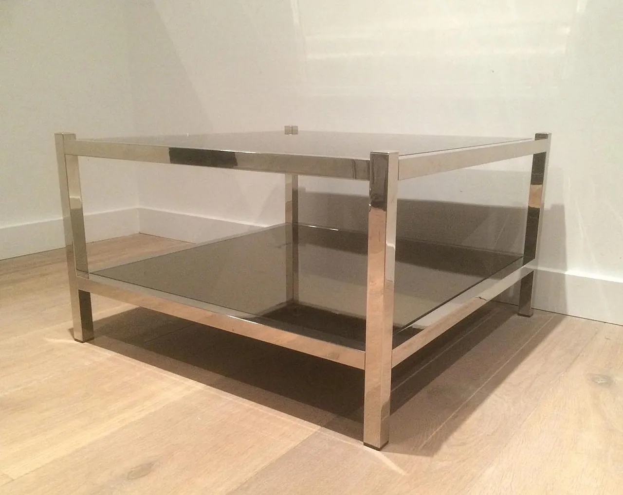 Pair of large chrome and bronze mirror side tables, 70s 13