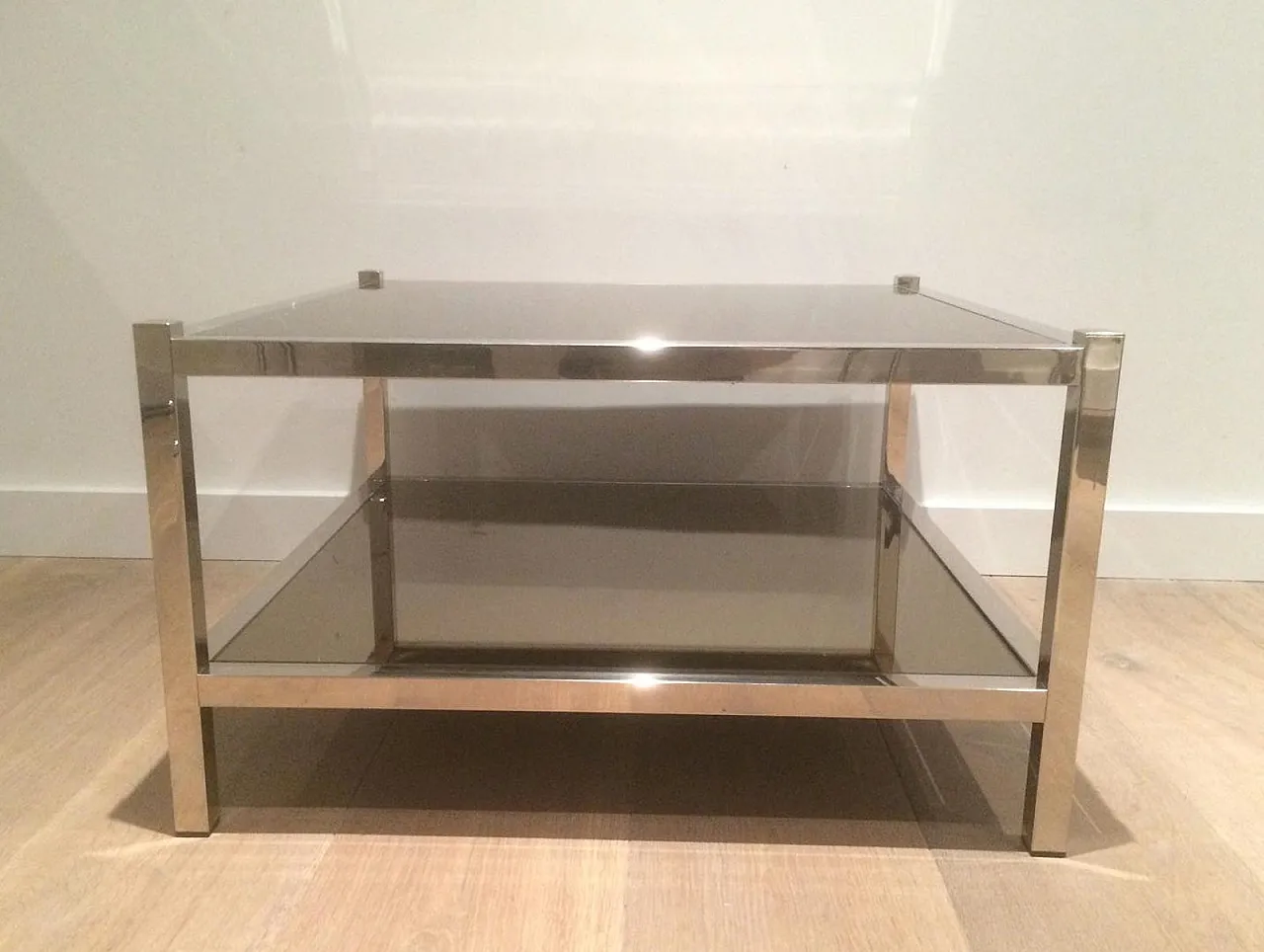 Pair of large chrome and bronze mirror side tables, 70s 14