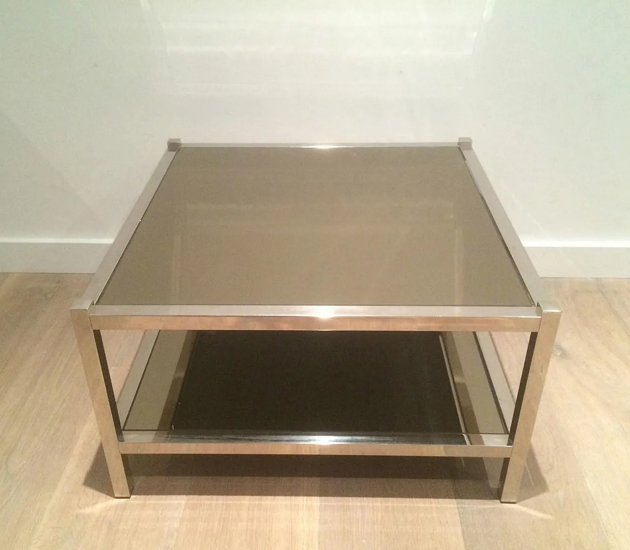 Pair of large chrome and bronze mirror side tables, 70s 15