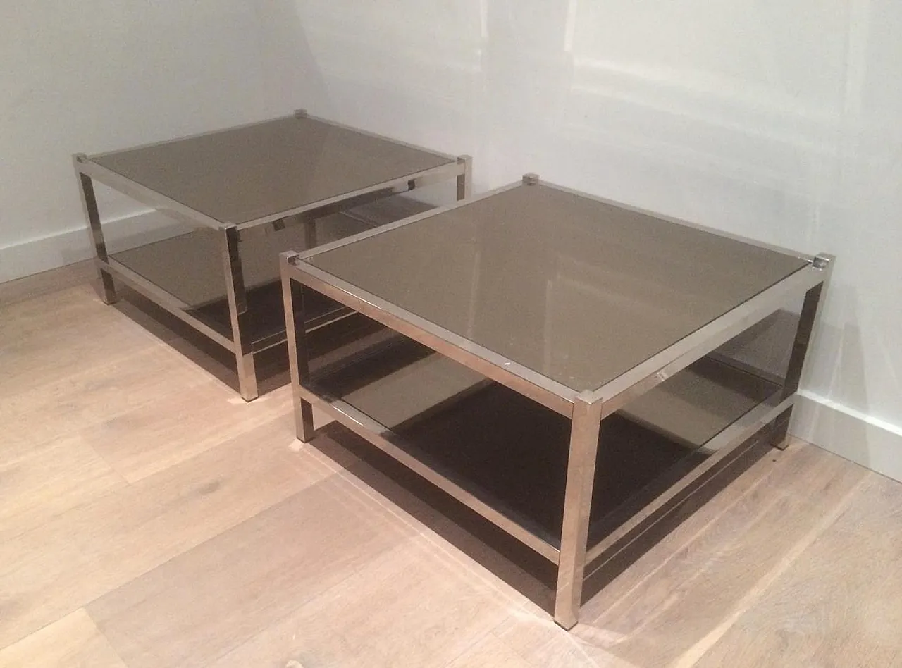 Pair of large chrome and bronze mirror side tables, 70s 16
