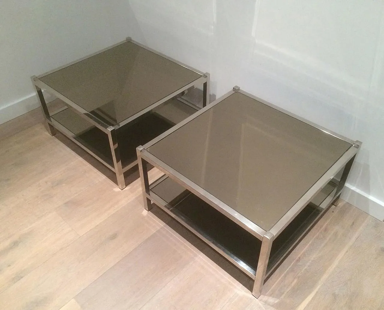 Pair of large chrome and bronze mirror side tables, 70s 17