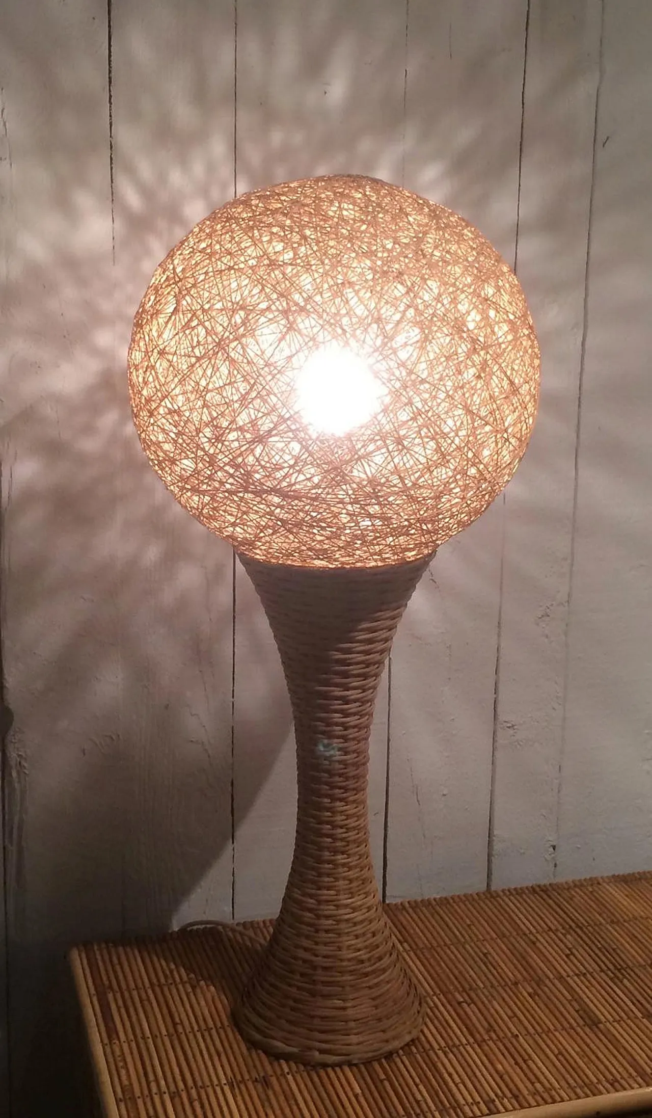 Tall rattan table lamp, France, 70s 2