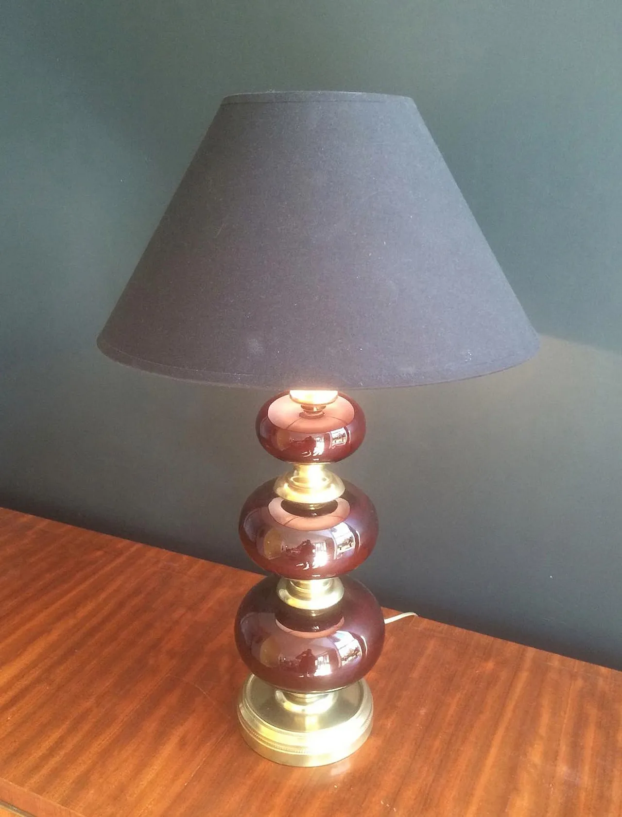 Red glass and brass table lamp, French work, circa 1960 3