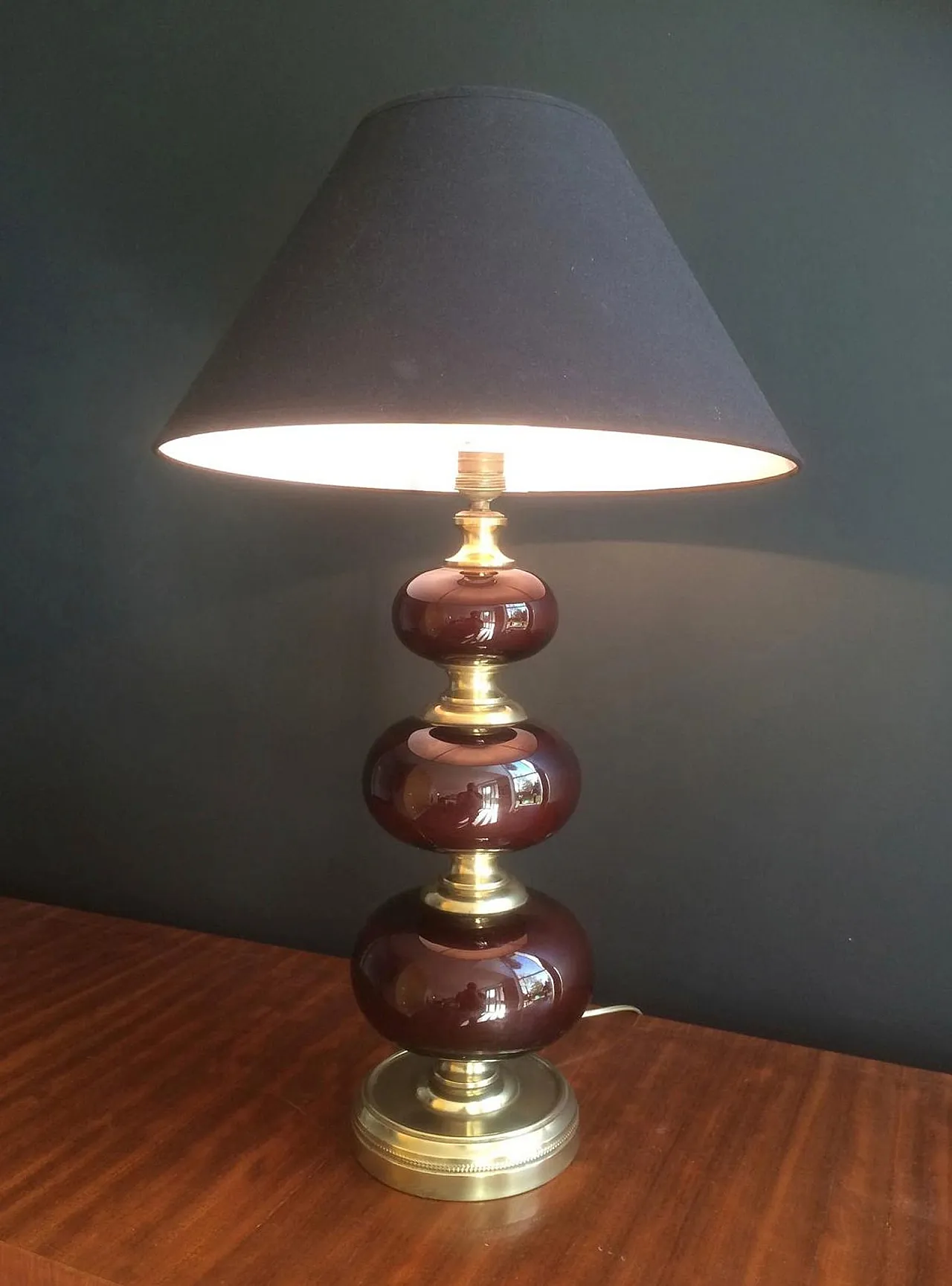 Red glass and brass table lamp, French work, circa 1960 4