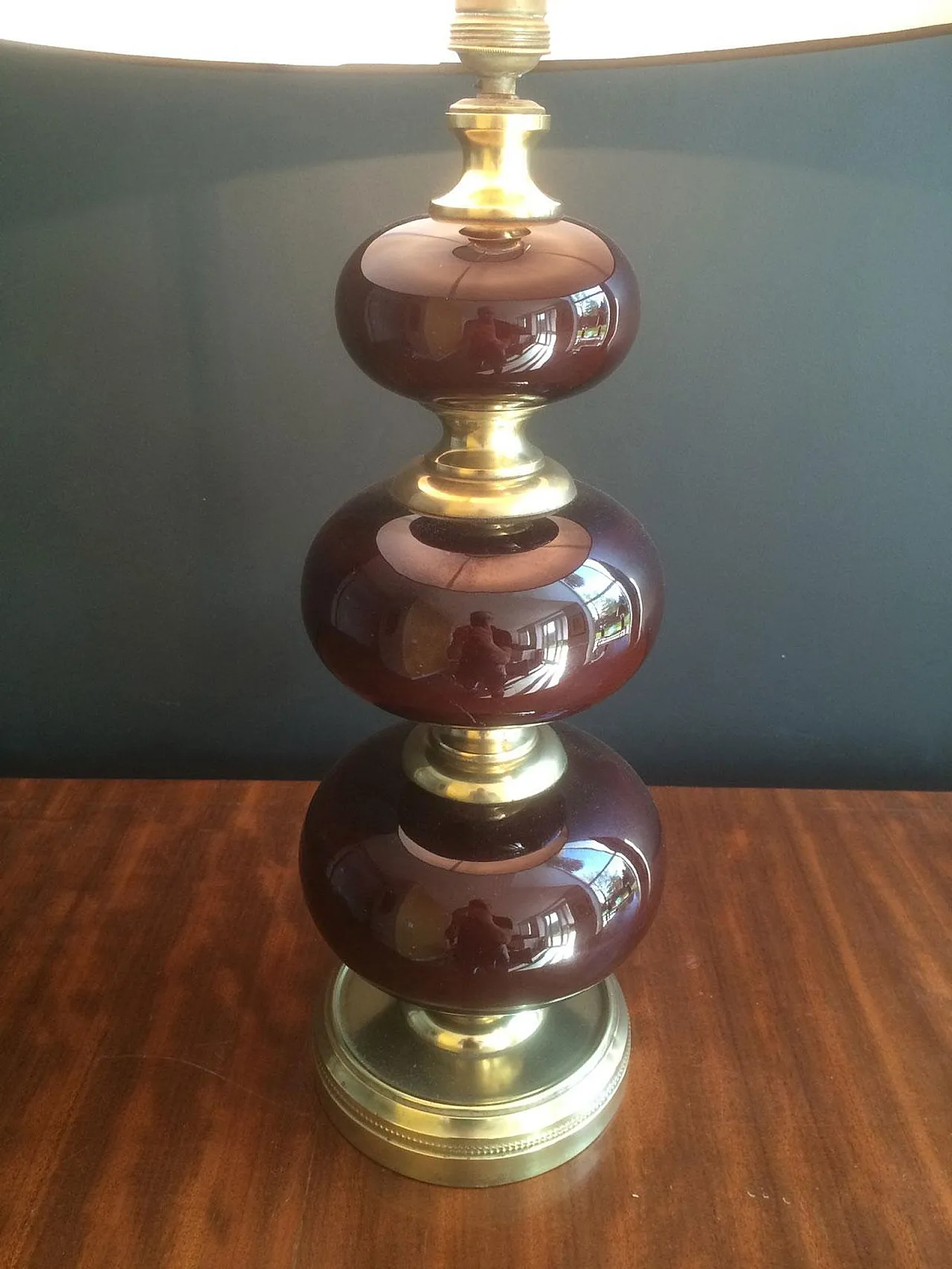 Red glass and brass table lamp, French work, circa 1960 5