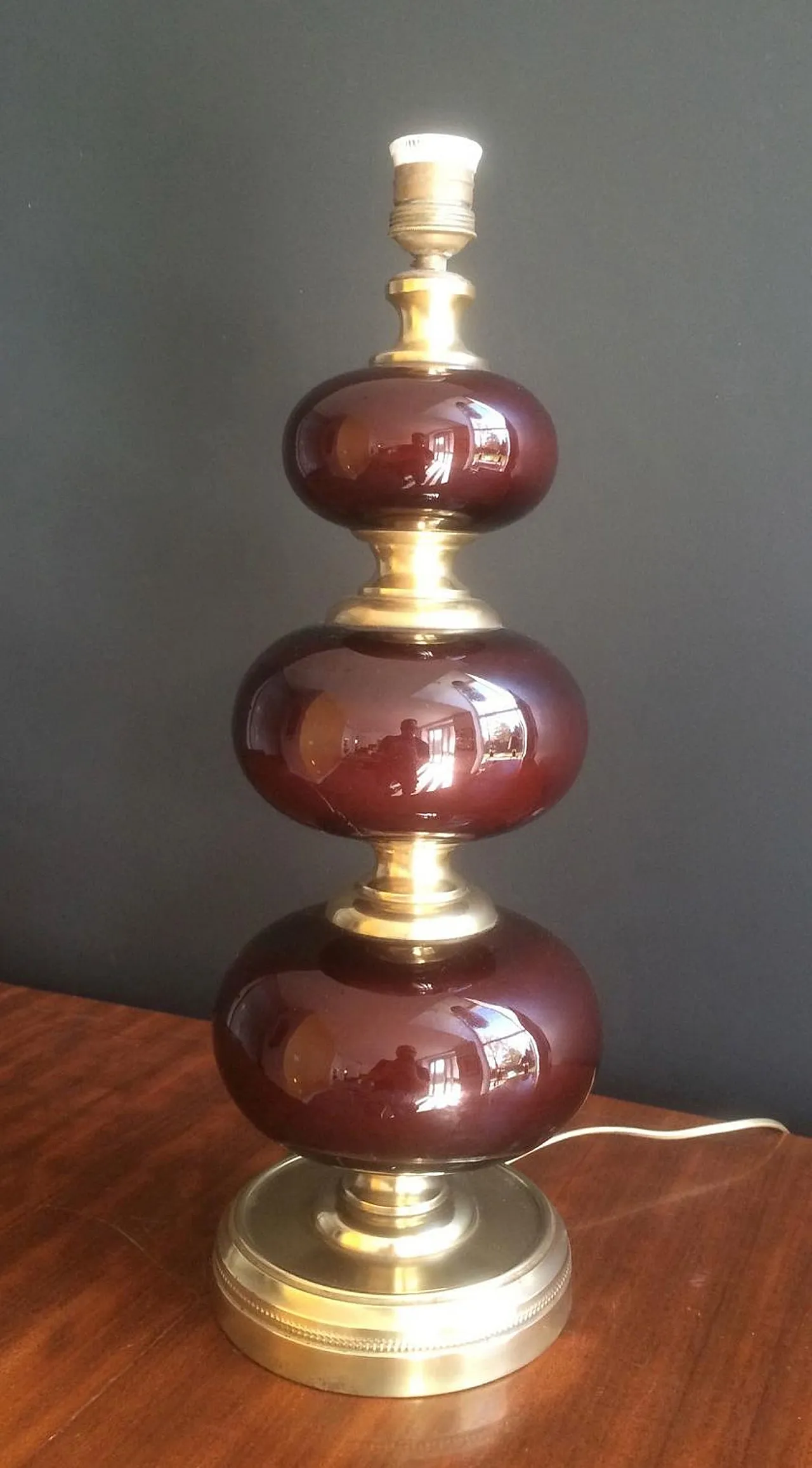 Red glass and brass table lamp, French work, circa 1960 9