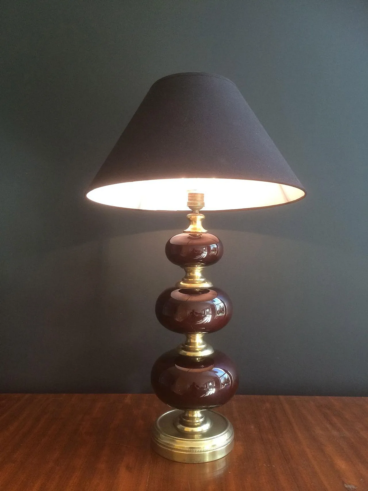 Red glass and brass table lamp, French work, circa 1960 18