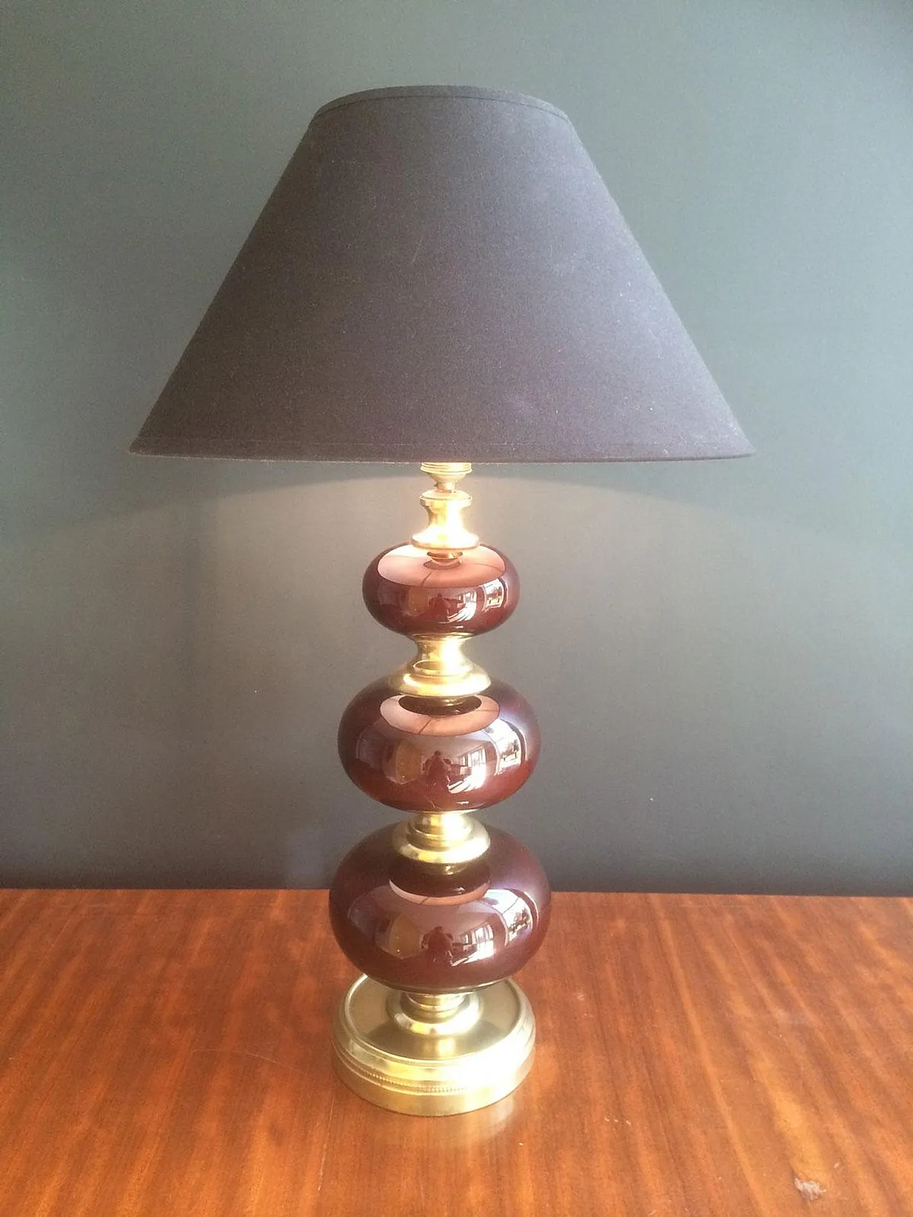 Red glass and brass table lamp, French work, circa 1960 20