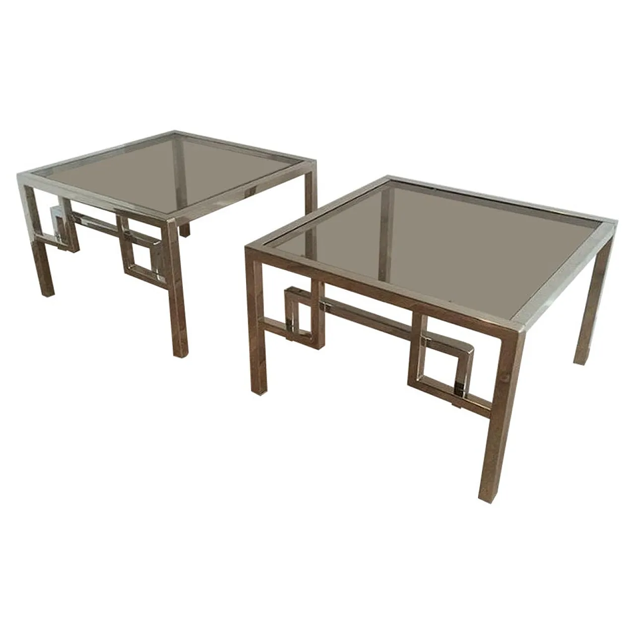 Pair of chrome design side tables with Greek key decor, 70s 1