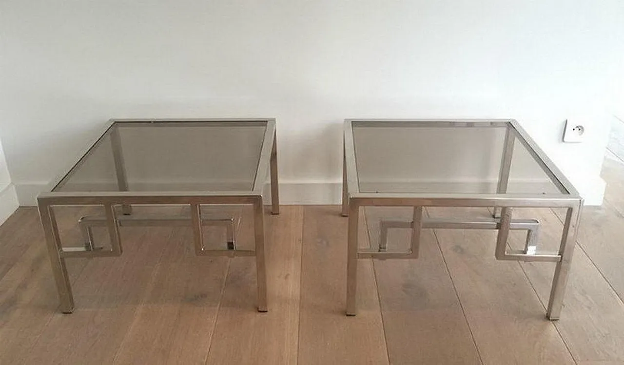 Pair of chrome design side tables with Greek key decor, 70s 2