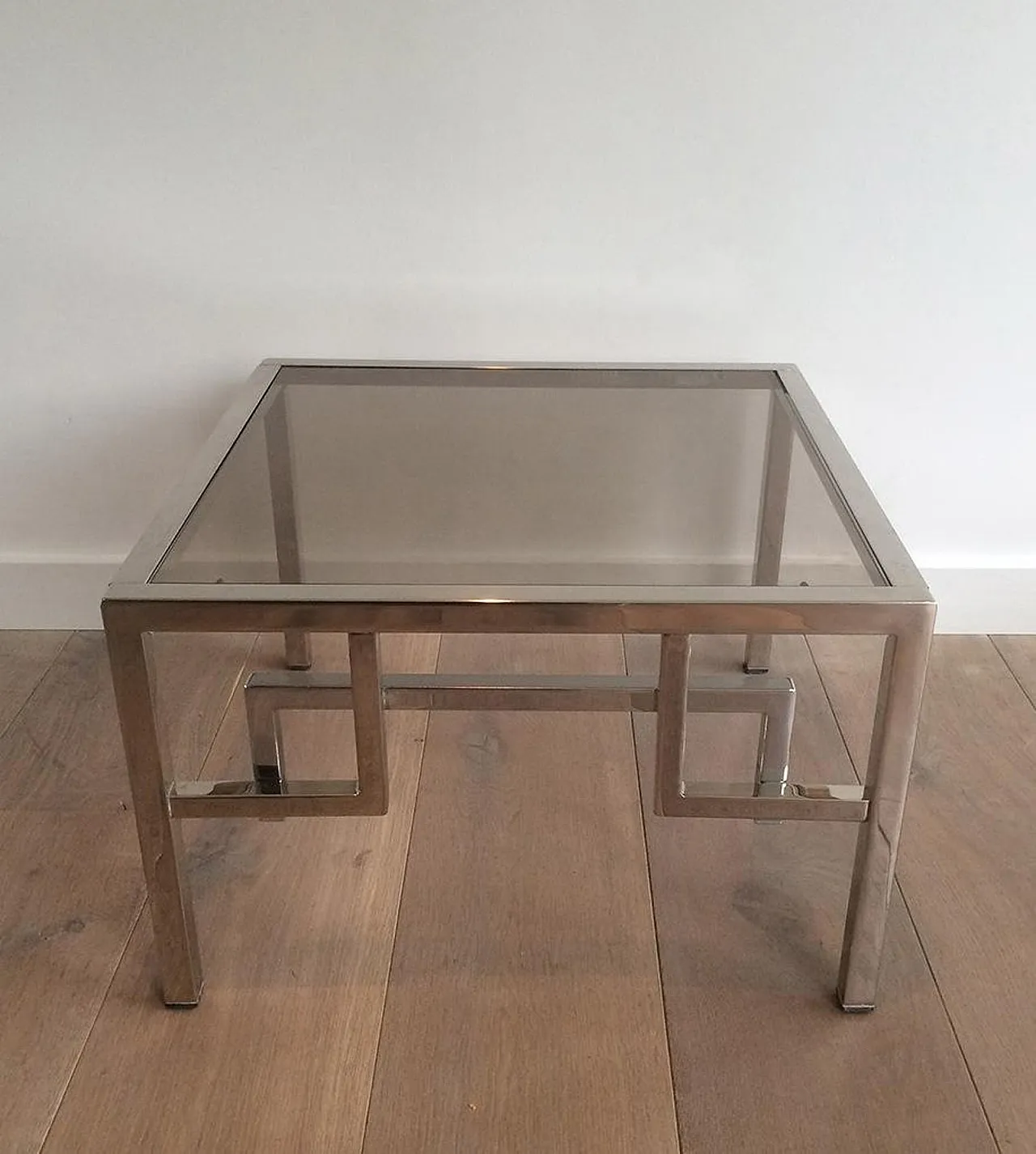 Pair of chrome design side tables with Greek key decor, 70s 3