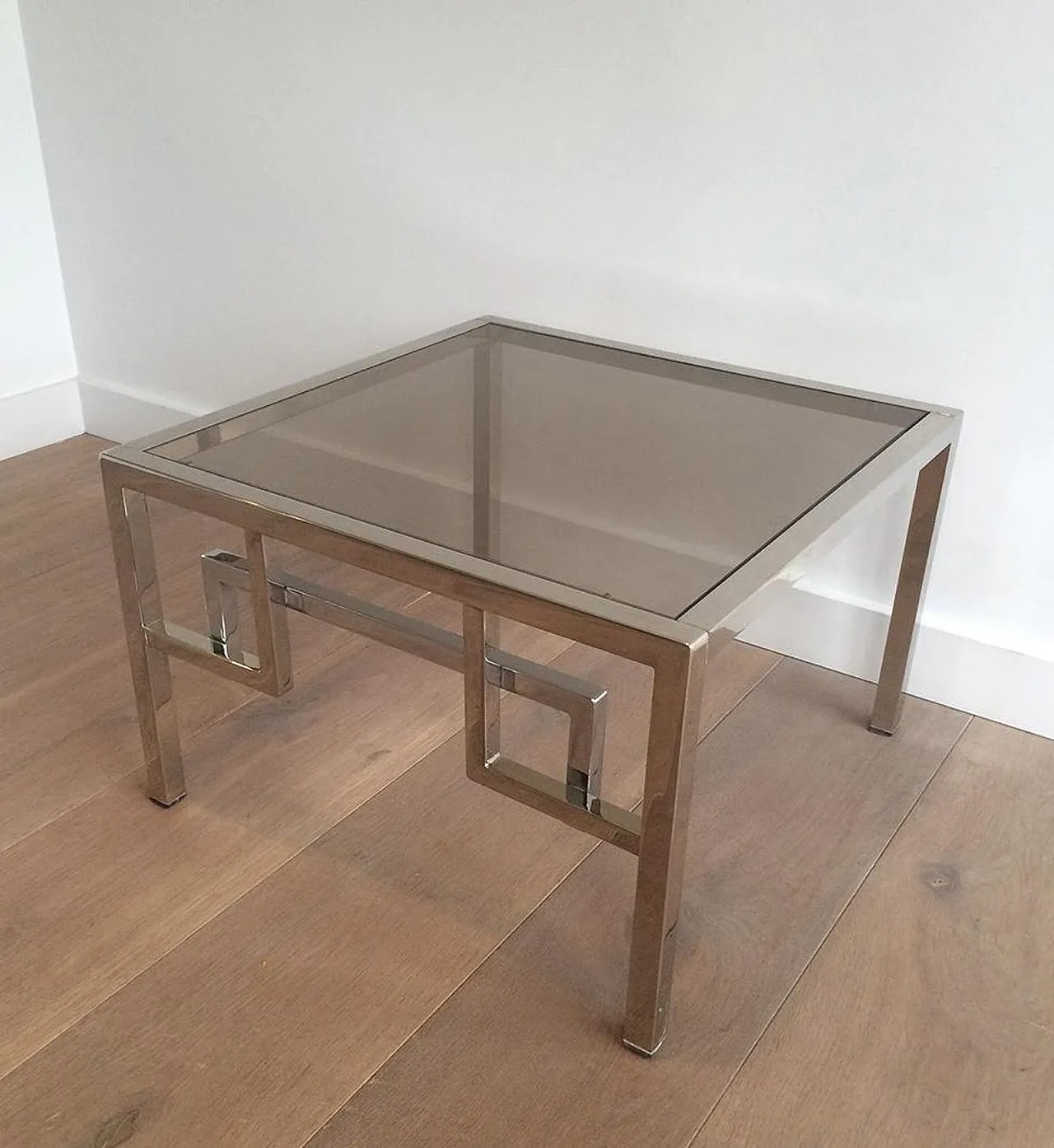 Pair of chrome design side tables with Greek key decor, 70s 4