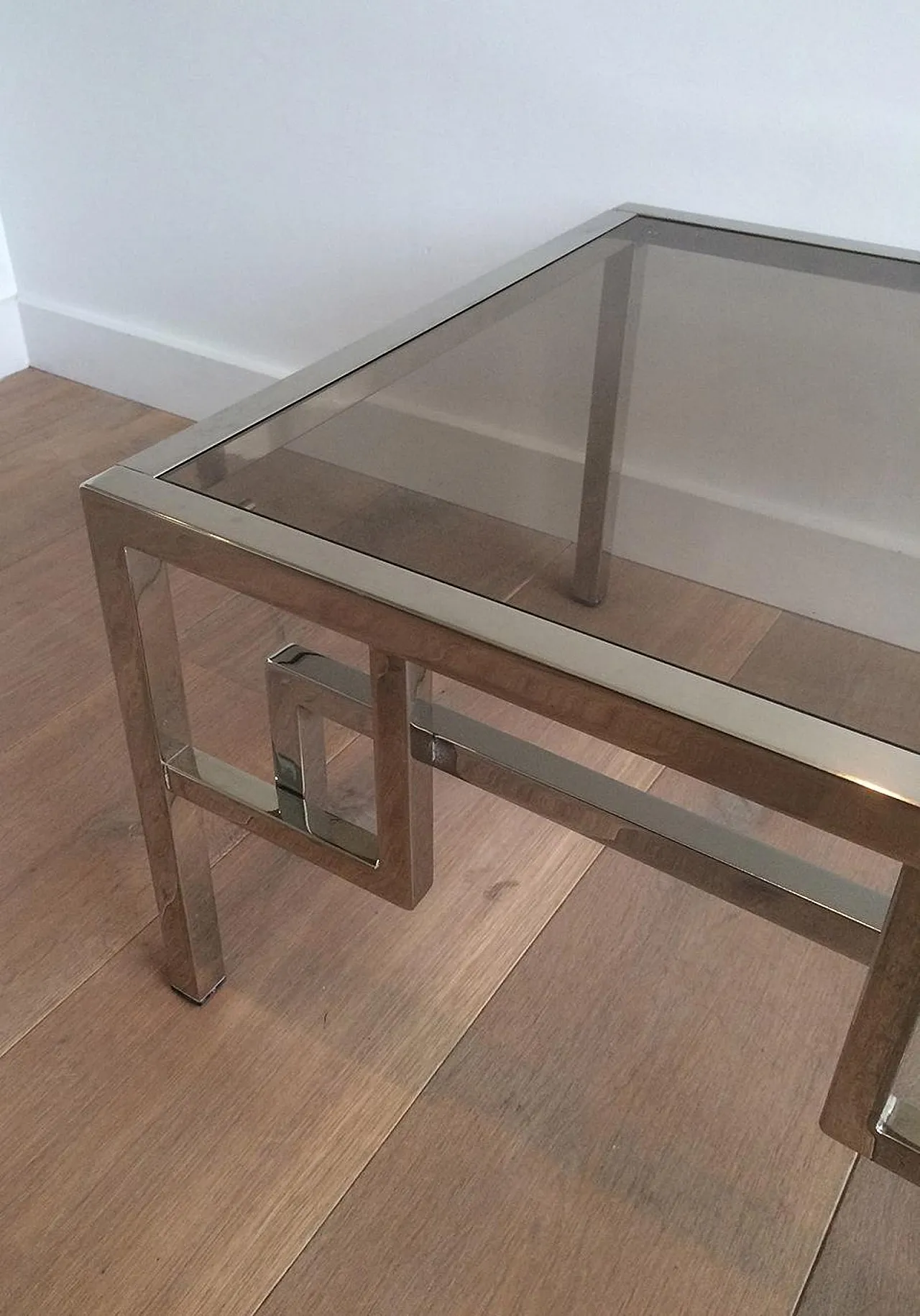 Pair of chrome design side tables with Greek key decor, 70s 5