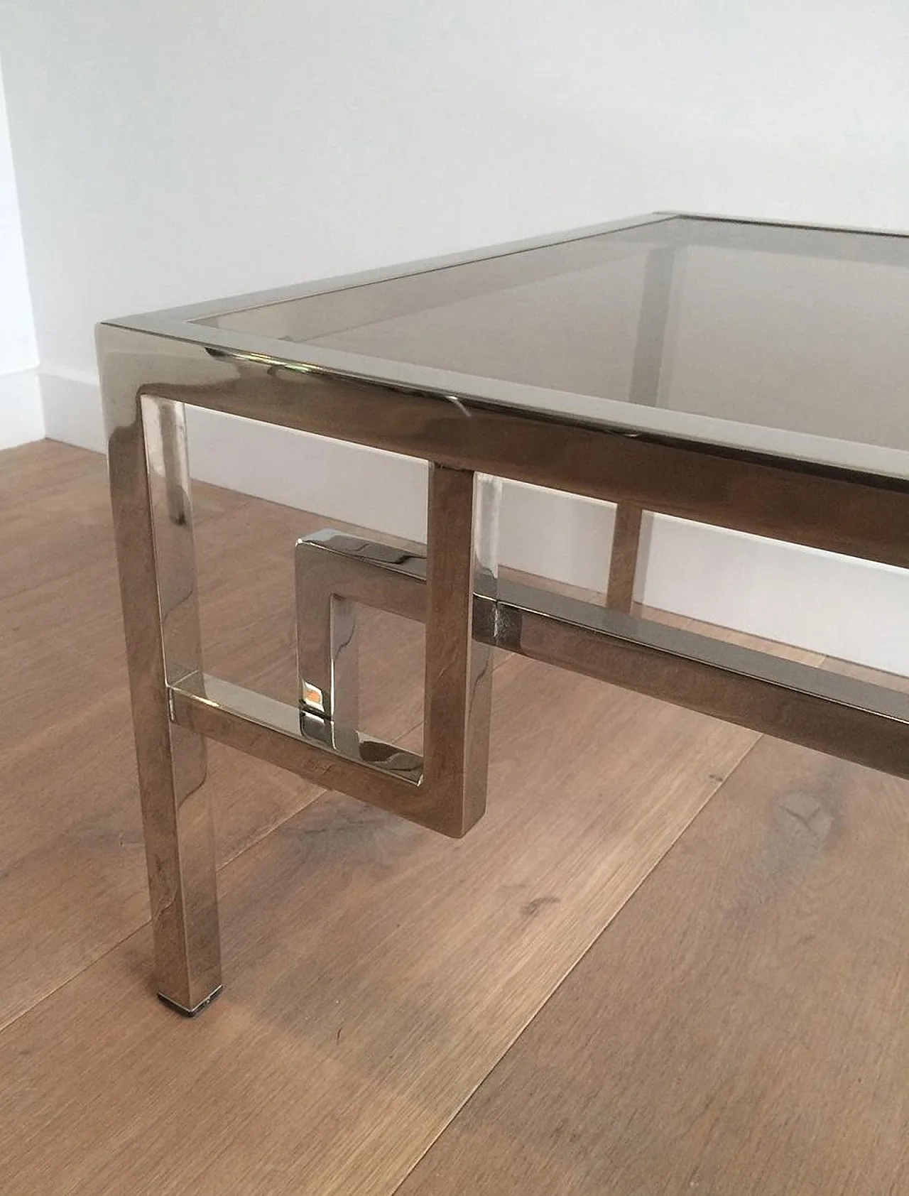 Pair of chrome design side tables with Greek key decor, 70s 6